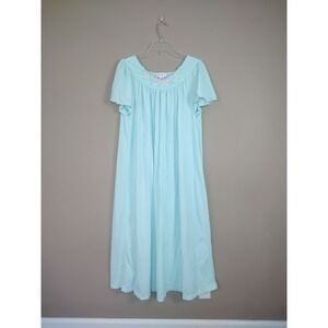 Shadowline Aqua Blue Nylon Maxi Nightgown Floral Embroidered Sleep Dress L